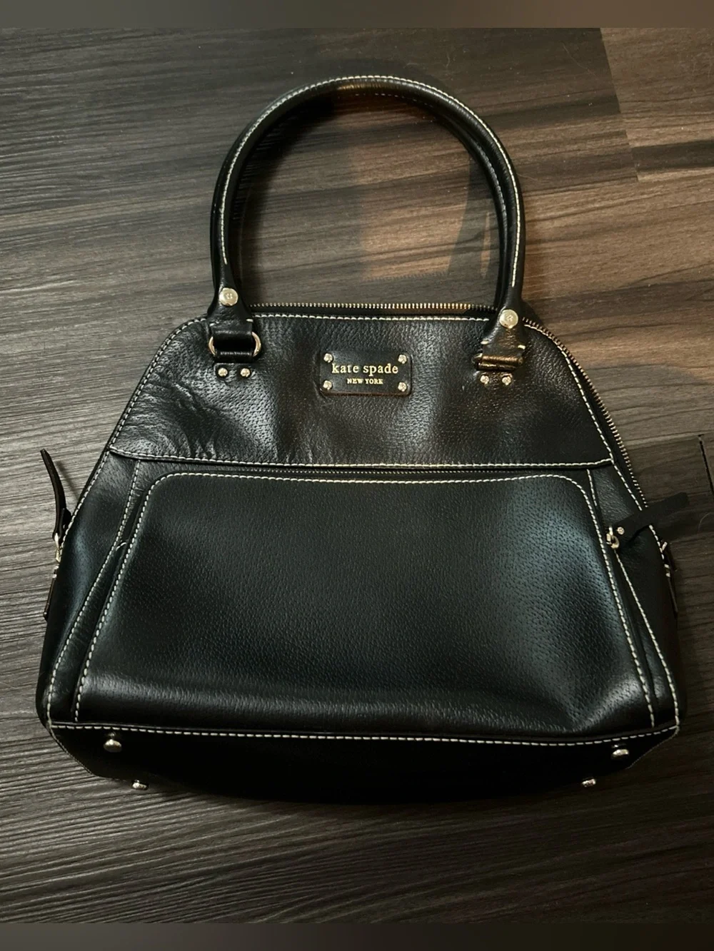 kate spade black leather dome satchel with gold hardware
